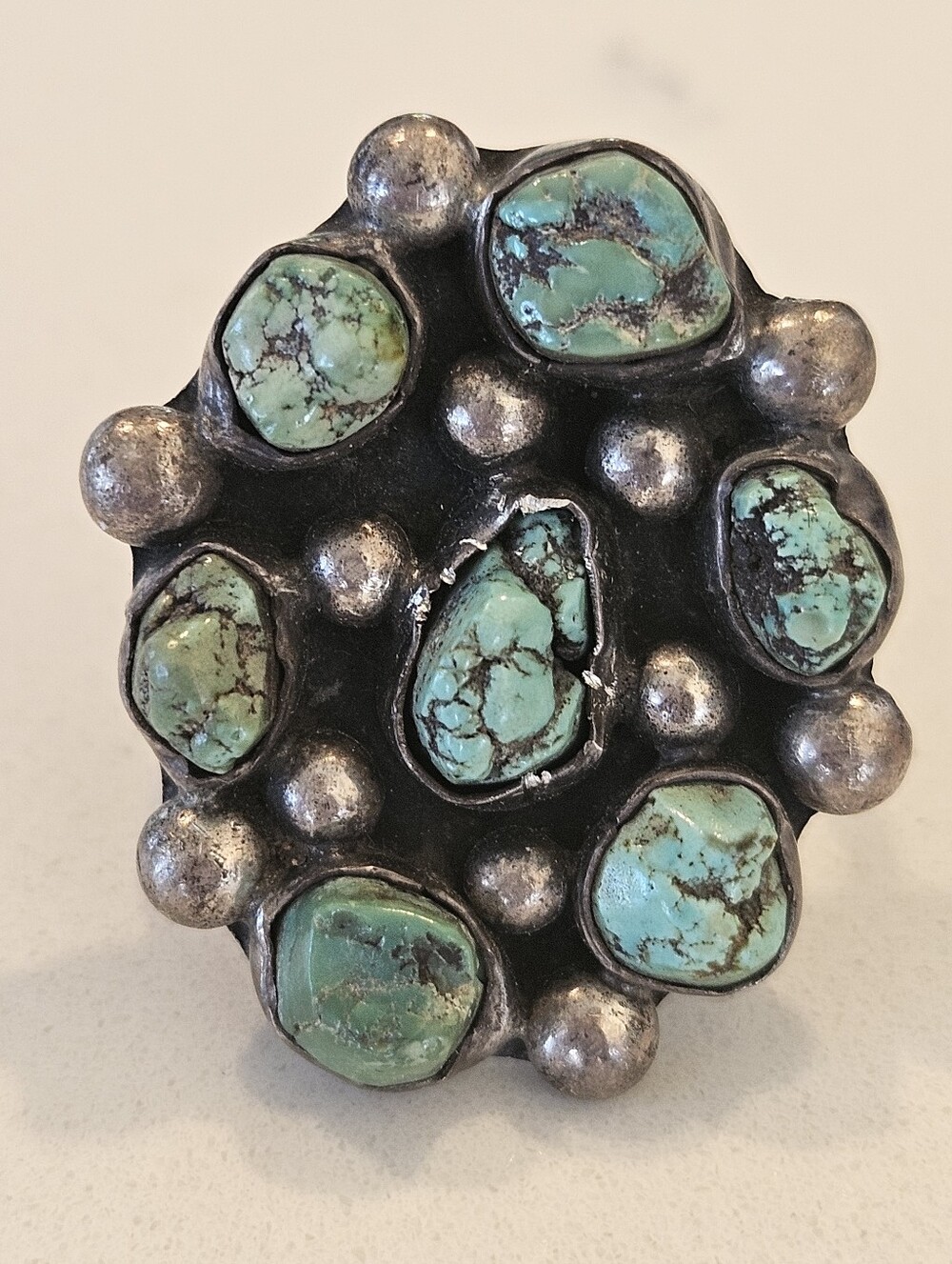 Old Pawn Navajo Sterling Silver Turquoise Nugget Cluster Statement Ring